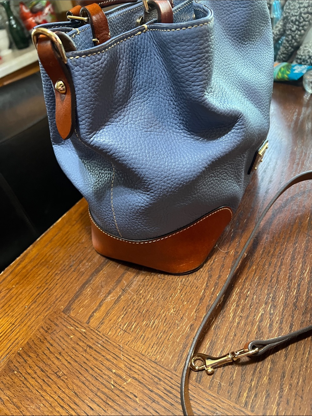 Dooney & Bourke Blue Pebbled Leather Satchel with Brown Trim - Picture 5 of 12